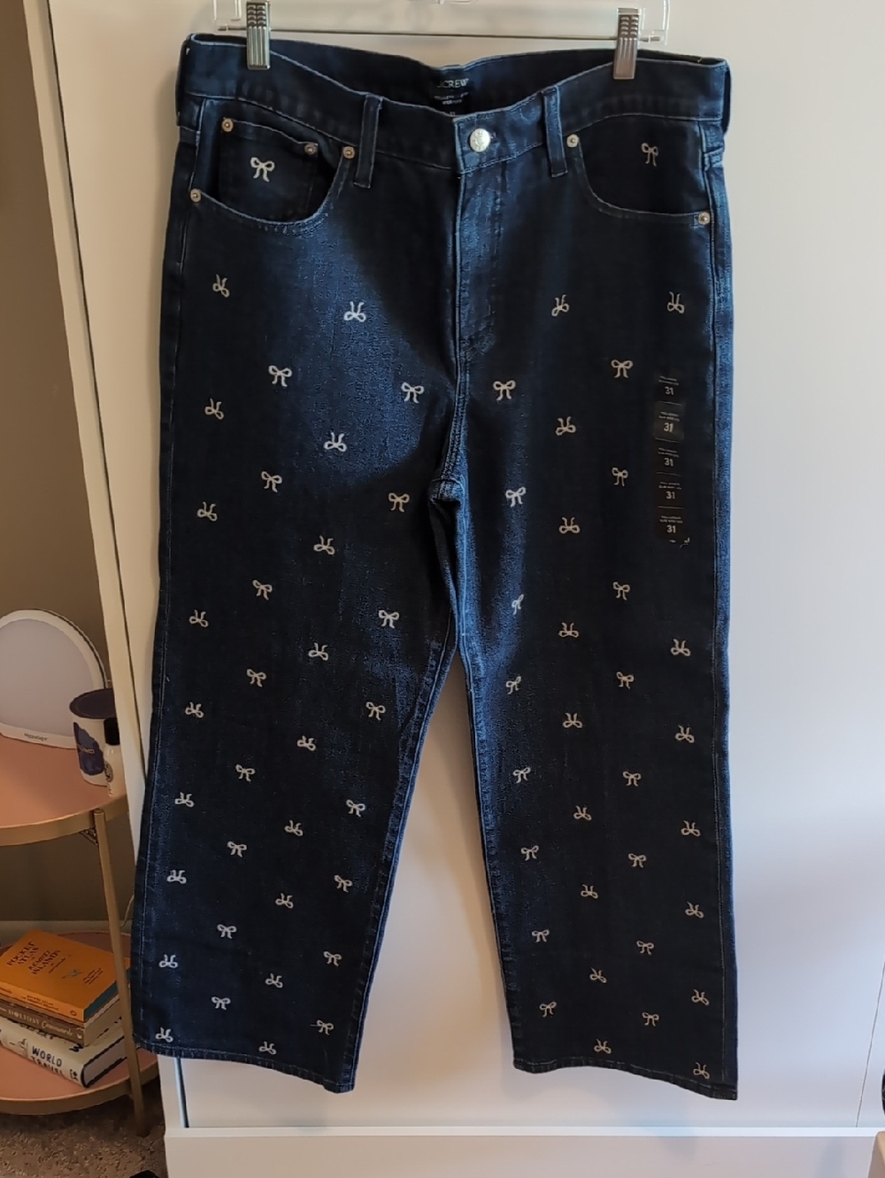 J. Crew Dark Blue Wide-Leg Jeans with White Bow Embroidery